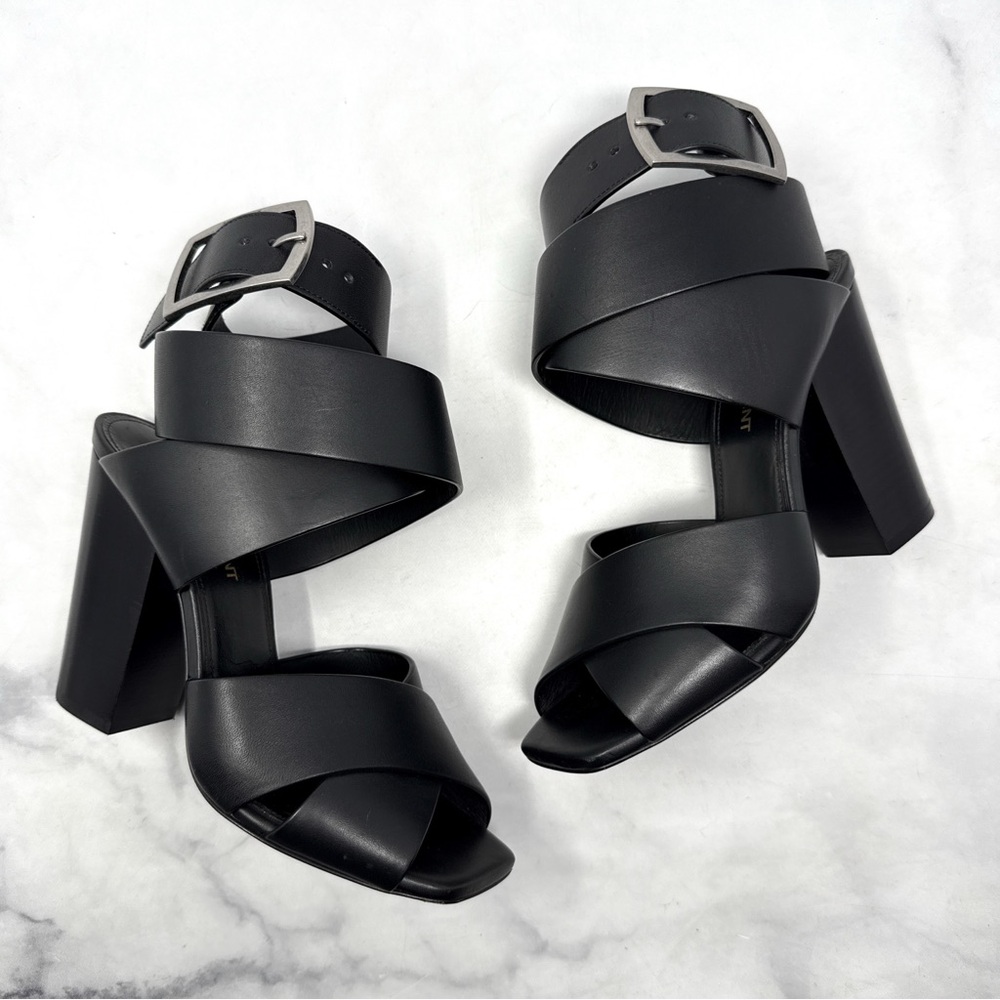 Saint Laurent Oak 100 Buckle Strappy Square Toe Sandal Block Heels Glam Black 36 - Picture 3 of 15